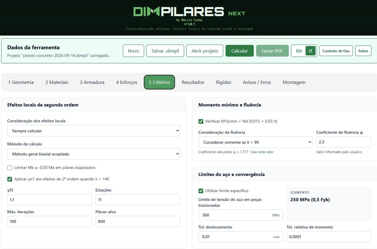 Critérios de segunda ordem e fluência no DIMPILARES