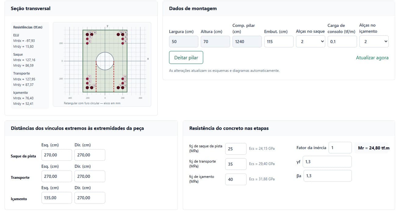 Configuração das etapas de saque, transporte e içamento no DIMPILARES